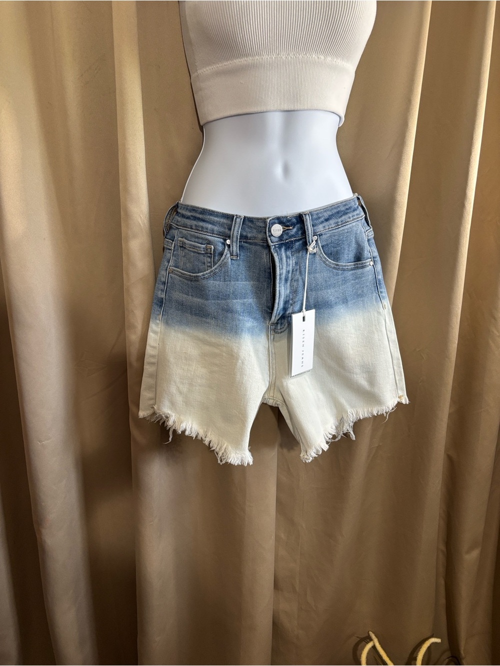 Risen Jeans High-Rise Ombre Denim Cutoff Shorts in Blue and White - Picture 2 of 4